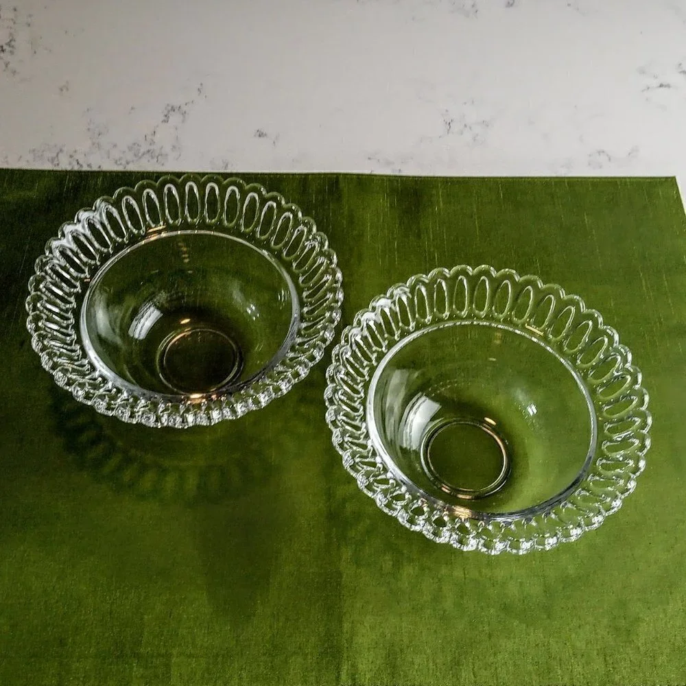 Vintage Clear Glass Bowls Reticulated Rim (2)